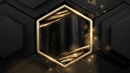 Canvas Print - black abstract background and luxury hexagonal golden frame with sparkling lights.