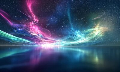 a vibrant and ethereal cosmic landscape depicting celestial elements reflecting upon a tranquil expa