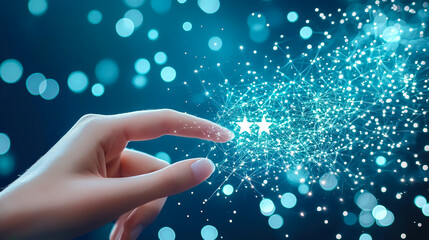 Poster - Creative hand reaching towards stars with sparkling light effects in a dreamy environment at night
