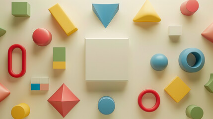 Aufkleber - A vibrant assortment of geometric shapes in various colors is creatively arranged on a neutral backdrop, emphasizing artistic design and playful composition