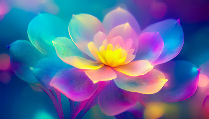 Poster - Vibrant lotus flower glowing in a rainbow of colors in a dreamy background during a tranquil evening