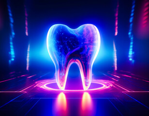 Poster - Digital representation of a glowing tooth in a vibrant neon environment showcasing advanced dental technology