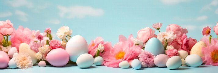 Poster - Colorful spring flowers and easter eggs arranged on a blue background for seasonal celebration and decoration