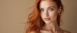 © schiers_images - Beautiful red-haired woman posing confidently with soft natural makeup; stylish and captivating composition showcasing elegance in simplicity and timeless beauty with warm neutral tones.