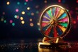 © idharmaian - Colorful spinning prize wheel on a golden stand.  Sparkling bokeh lights highlight the vibrant segments