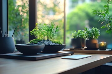 Aufkleber - Bonsai tree arrangement with decorative stones and ceramics in a serene indoor setting surrounded by natural light
