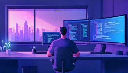 Tech specialist refining application code in a bright workspace, complemented by modern decor and large glass windows