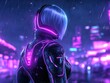 © darion - Futuristic female figure in neon-lit cityscape under rain, showcasing cyberpunk aesthetics