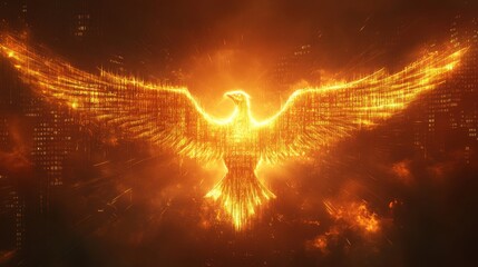 Golden phoenix rises as digital code from burning clouds in a futuristic background.