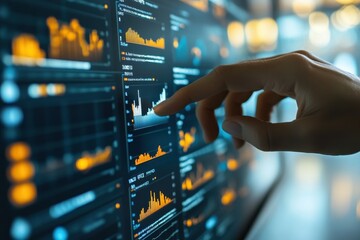 Fototapete - Detailed analysis of financial data displayed on a digital screen in a modern workspace during the evening hours