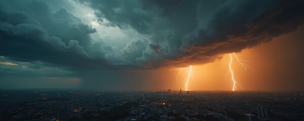 Wall Mural - dramatic aerial view of thunderstorm above city at night. lightning strikes light up skyline, dark s