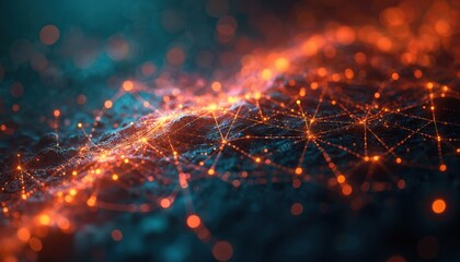 Fototapete - Abstract tech network background. Futuristic network lines in cyberspace. Orange, blue colors. Modern technology concept, data transfer. Geometric mesh, connecting lines, glowing nodes for digital