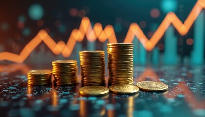 Poster - Stacks of coins with financial graphs show economic growth. Investment trends highlight market data, financial stability in dynamic landscape. Banking, savings, currency, revenue, income, inflation