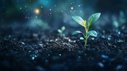 Wall Mural - a close-up of a luminous cosmic seed planted in starlight, with tiny galaxies sprouting around it as
