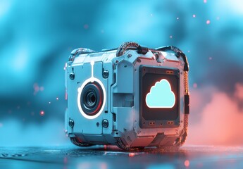 cybernetic cloud technology box with display screen, lens, wires and red particles around