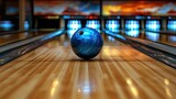 Blue bowling ball on polished lanes, pins in background