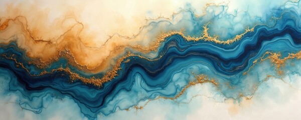 Poster - Abstract fluid art painting. Gold lines on blue, turquoise color mix creates luxury marble stone effect. Decorative acrylic shiny swirls, smoke ornaments, sea ocean waves design.