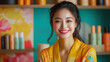 © Exsinghas - smiling Asian woman in colorful robe, surrounded by beauty products on shelves, radiating joy and confidence