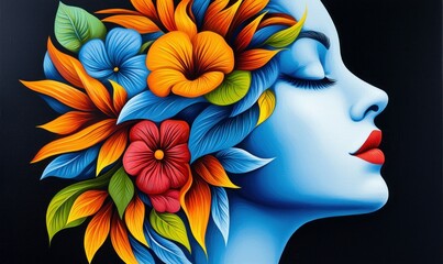Wall Mural - a woman with blue skin is gracefully decorated with colorful flowers and leaves, in a vibrant illust
