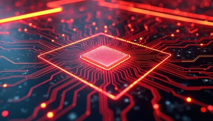 Poster - Hi-tech glowing red computer chip with circuit lines on dark background. Abstract microchip wallpaper for tech, AI, cyberspace, blockchain, data processing innovative projects.