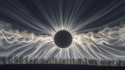Wall Mural - Ethereal solar eclipse, dark sun, radiant light streaks over trees