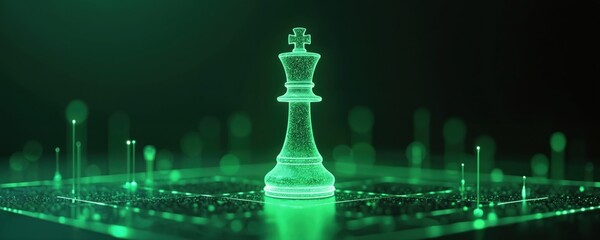 Poster - Three-dimensional digital holographic projection of chess king piece with glowing green hue against dark background. King stands prominently in center, cyber strategy game illuminated with network of