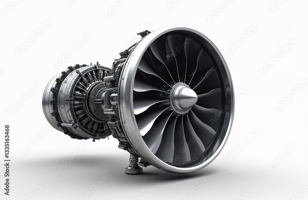Side view of silver jet engine for airplanes isolated on white ...