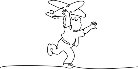 Wall Mural - happy boy playing toy airplane. continuous one line drawing.