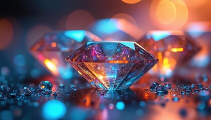 Aufkleber - Close-up of iridescent diamond crystals with rainbow light dispersion, bokeh background. Gemstones gleam, sparkle. Refraction creates colourful luxury. Precious gems, geometric brilliance,