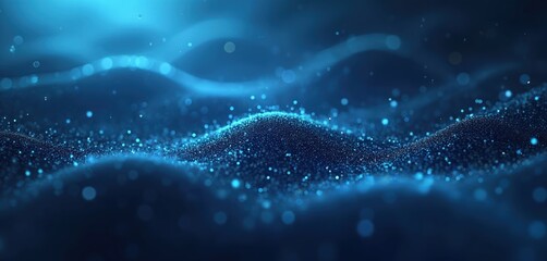 Fototapete - Abstract blue particle waves background. Dynamic mesh of dots evokes big data tech. Futuristic three-dimensional network concept glows in dark cyberspace. Modern wallpaper, graphic design template,