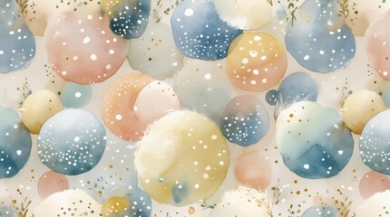 Creative abstract watercolor background, seamless pattern of orange blue yellow circles and dots in different sizes and shapes, modern and minimal wallpaper card or banner template	