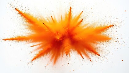Poster - Explosion of bright orange powder against isolated white background. Colorful burst, holi splatter, paint splash texture. Creative abstract wallpaper for Holi festival celebration vibrant design
