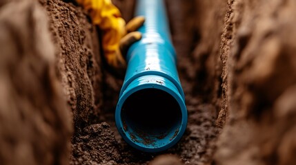 Poster - Construction worker installing blue pvc pipe in trench