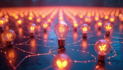 Aufkleber - Illuminated light bulbs connected by glowing lines create network. Concept of bright ideas, innovation, connection. Abstract tech design. Futuristic energy power electricity wires. Wires symbolize