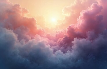 Poster - Sky with soft pastel gradient background. Clouds with blue, orange, pink colors. Sun rays. Nature background, heaven concept, dream, tranquility, backdrop for meditation, hope, positive thinking,
