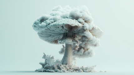 Wall Mural - A surreal image of a mushroom transforming into a cloud of spores, set against a plain white backdrop. Spore Clouds. Illustration
