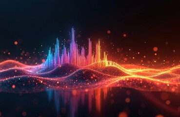 Aufkleber - Abstract 3D illustration with equalizer effect over black background with particles. Data wave points create graph combination with glow, neon, motion. Modern design for financial technology concepts.