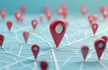 Aufkleber - Locator mark 3D map with location pin. Red navigation icon sign, search destination concept, guide. Travel destination background. Modern location pointer for business, global positioning system,