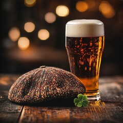 Leinwandbilder - Celebrate St. Patrick's Day with a refreshing pint of beer, a cozy cap, and a touch of Irish luck with a shamrock.