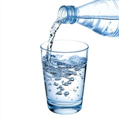 Fototapete - Pouring Refreshing Water: Hydration with Bubbles and a Clear Glass on White Background