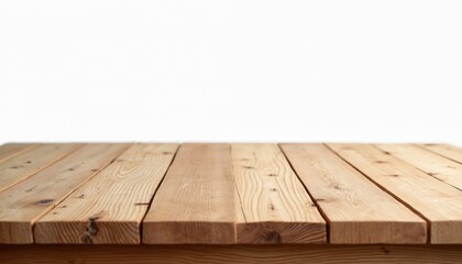 Fototapete - Wooden planks table top perspective. Rustic light brown wood texture surface. Empty clear background. Kitchen desk board for food, product demo mockup. Empty space for display montage.