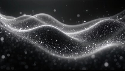 Poster - Futuristic glowing particles wave on black. 3D render of dark cyberspace digital background. Abstract tech motion of dots, lines. Great for presentations, backgrounds or wallpapers. Glitter and shine.