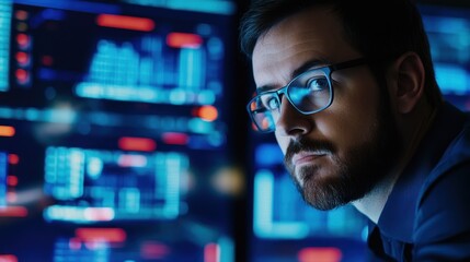 Cybersecurity professional analyzes complex data on multiple computer screens intensely
