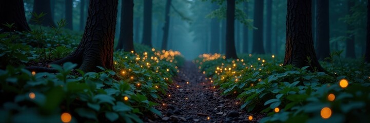 Glowing fireflies illuminating dark forest path, bioluminescence, design, bugs