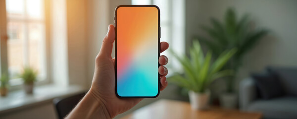 Poster - Hand holds phone with blank screen mockup in modern interior. Design preview, app presentation template. Smartphone display, mobile device technology. Creative workspace. Blurred background,