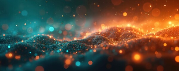 Aufkleber - Abstract glowing background with sparkling light particles. Blue and orange gradient. Shiny glitter dots, bokeh effect, shimmering dust, blurred vibrant color spots in festive elegant texture.