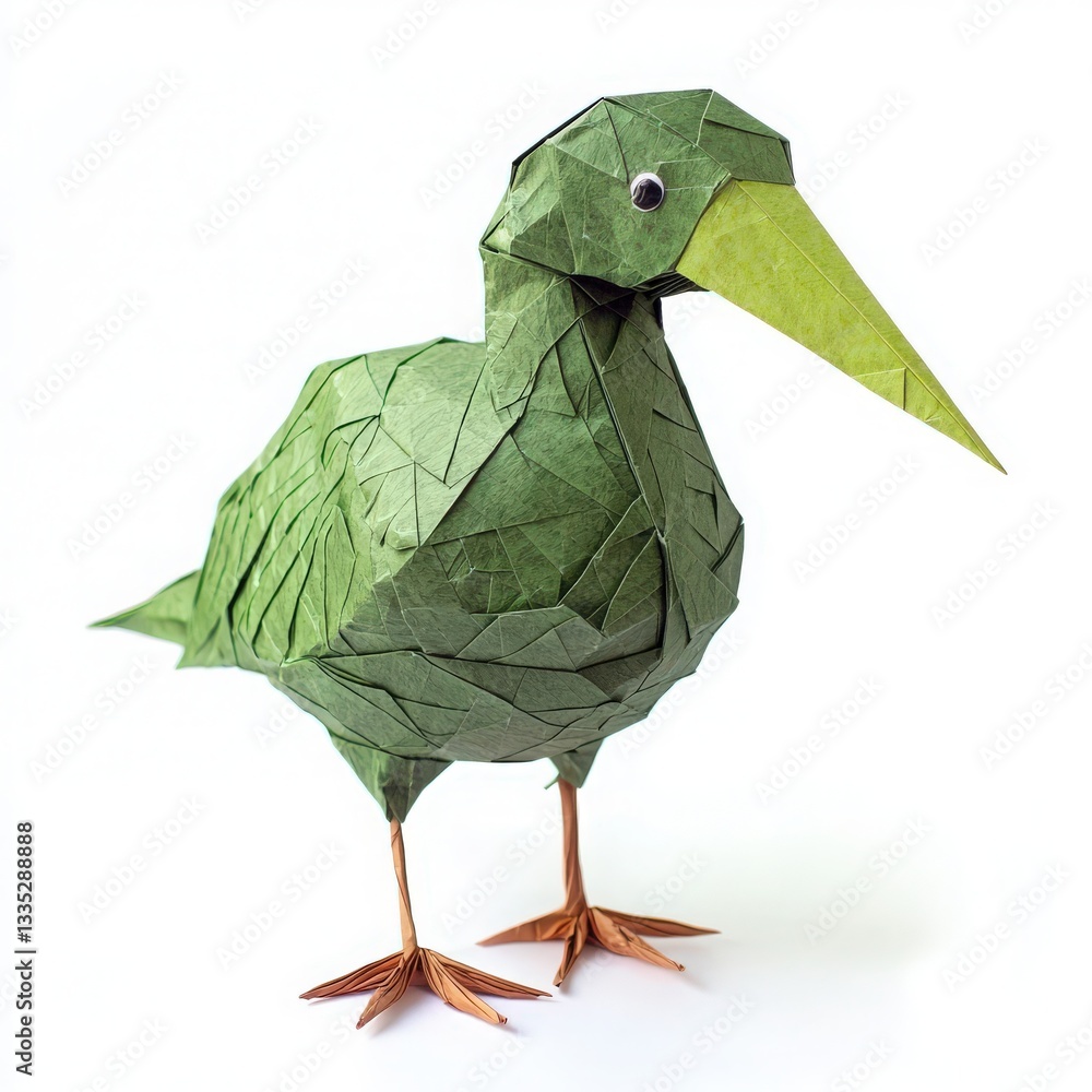 A detailed origami bird stands upright, crafted from various green shades of paper. Its beak is bright green, and its legs are made of copper-colored paper, adding a vibrant contrast.