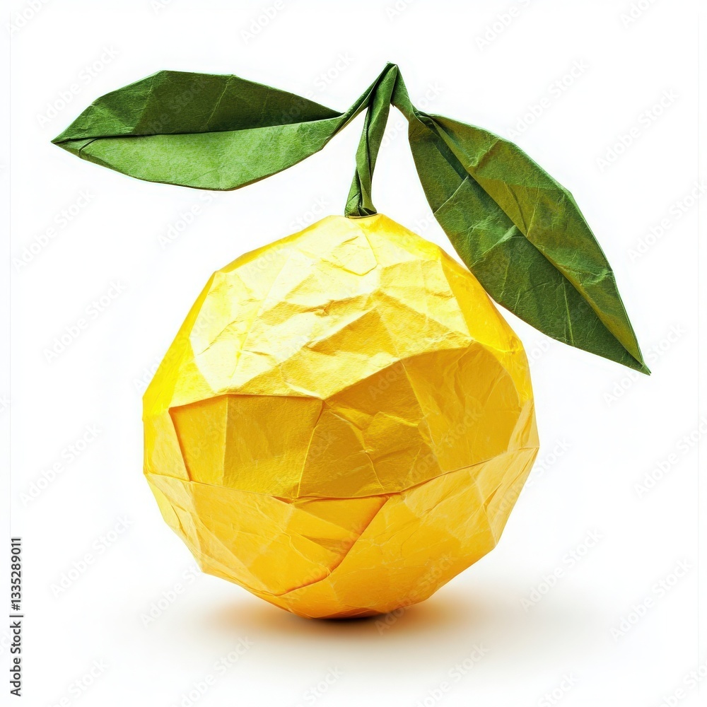 A vibrant, yellow origami fruit resembling a lemon sits on a plain white background. Green leaves are elegantly attached to the top, highlighting the intricate paper folding techniques used.