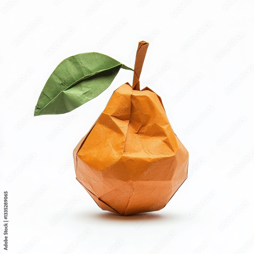 A beautifully crafted origami pear sits prominently, showcasing vibrant orange paper with detailed folds. A green leaf adds a touch of nature, enhancing its artistic appeal.