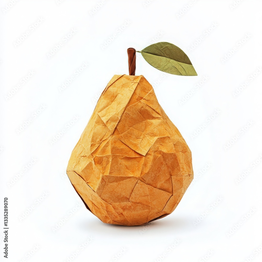 A detailed papier-mache representation of a pear displays intricate folds and textures. The sculpture features a brown stem and a green leaf, creating a lifelike appearance.